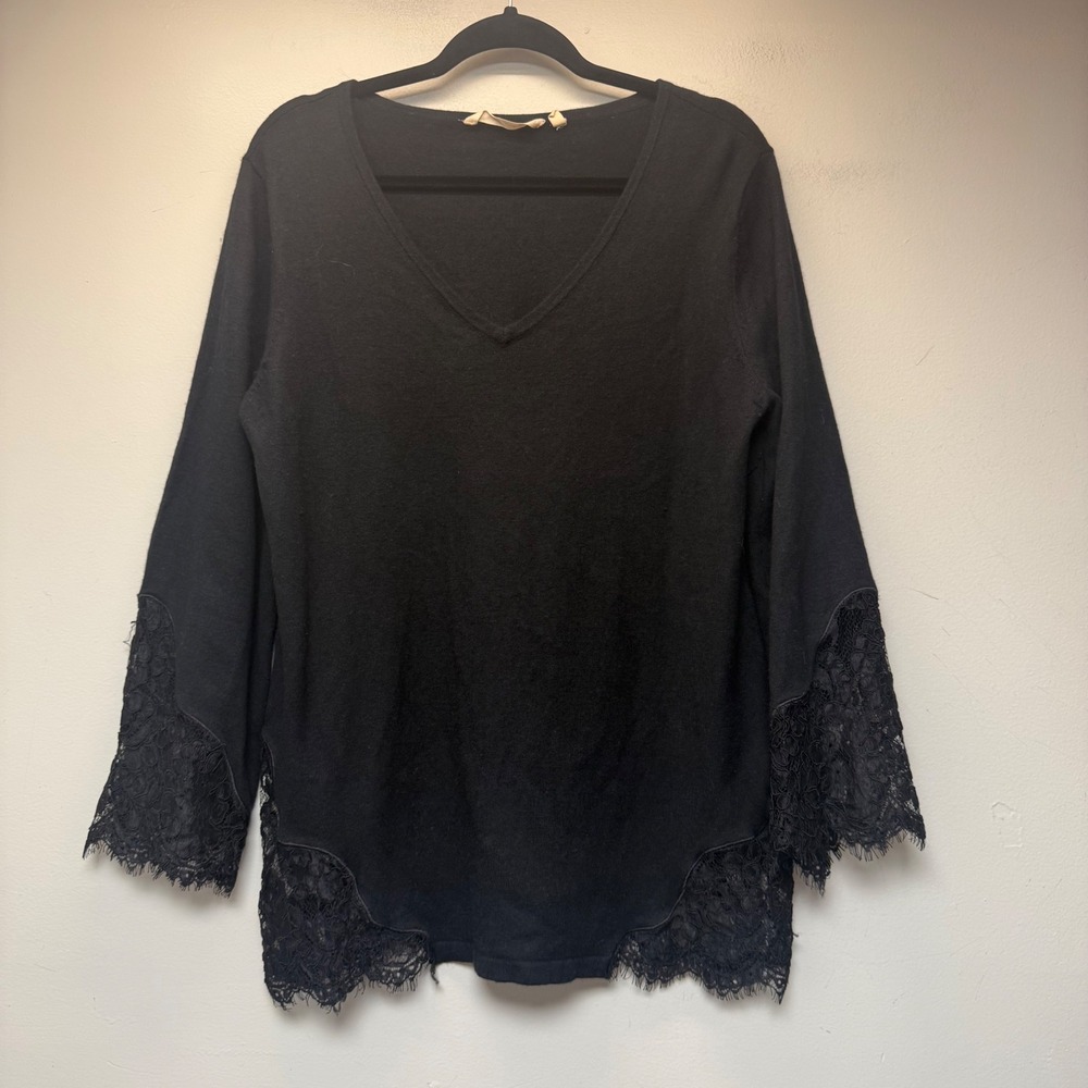 Soft Surroundings Sweater Womens L Black Excellent Lace Trim Wool Blend 2EV59